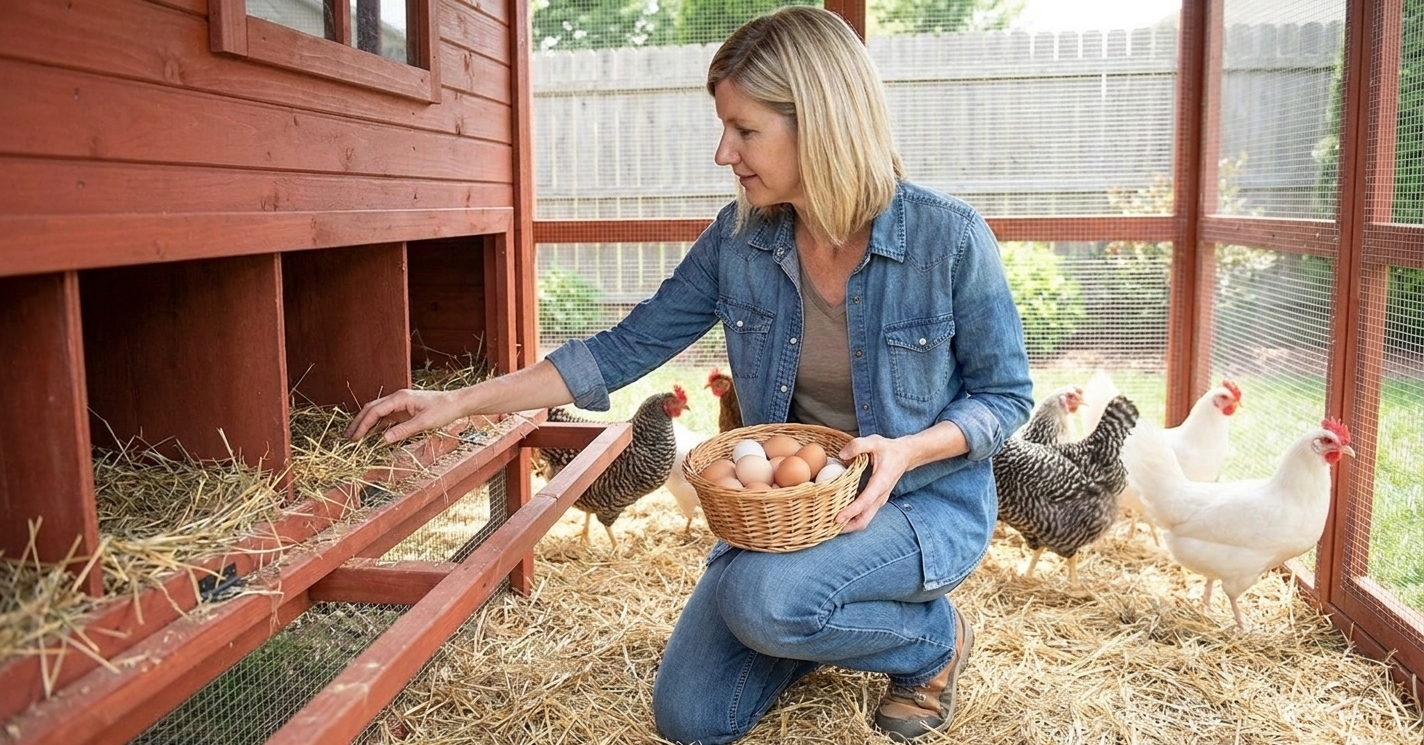 Maggie Harper holding a small basket of fresh eggs beside nesting boxes inside a tidy backyard chicken coop.