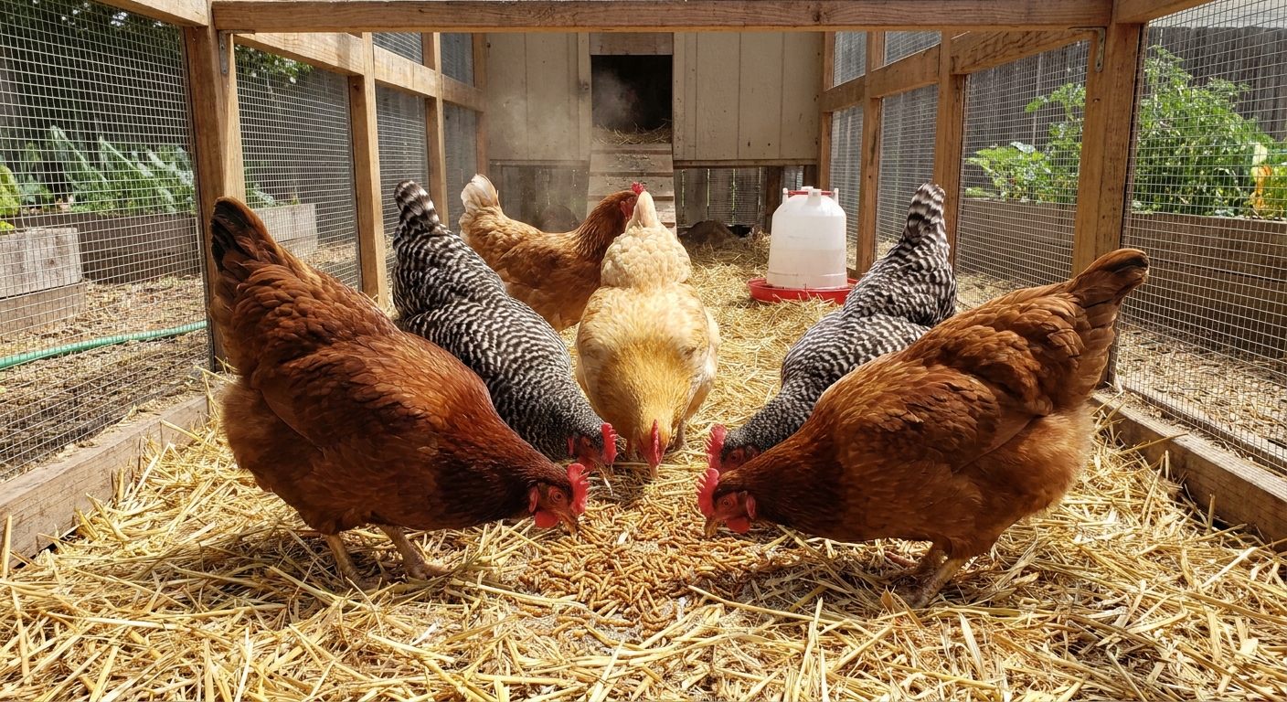 Several backyard hens pecking at dried mealworms scattered on straw inside a run