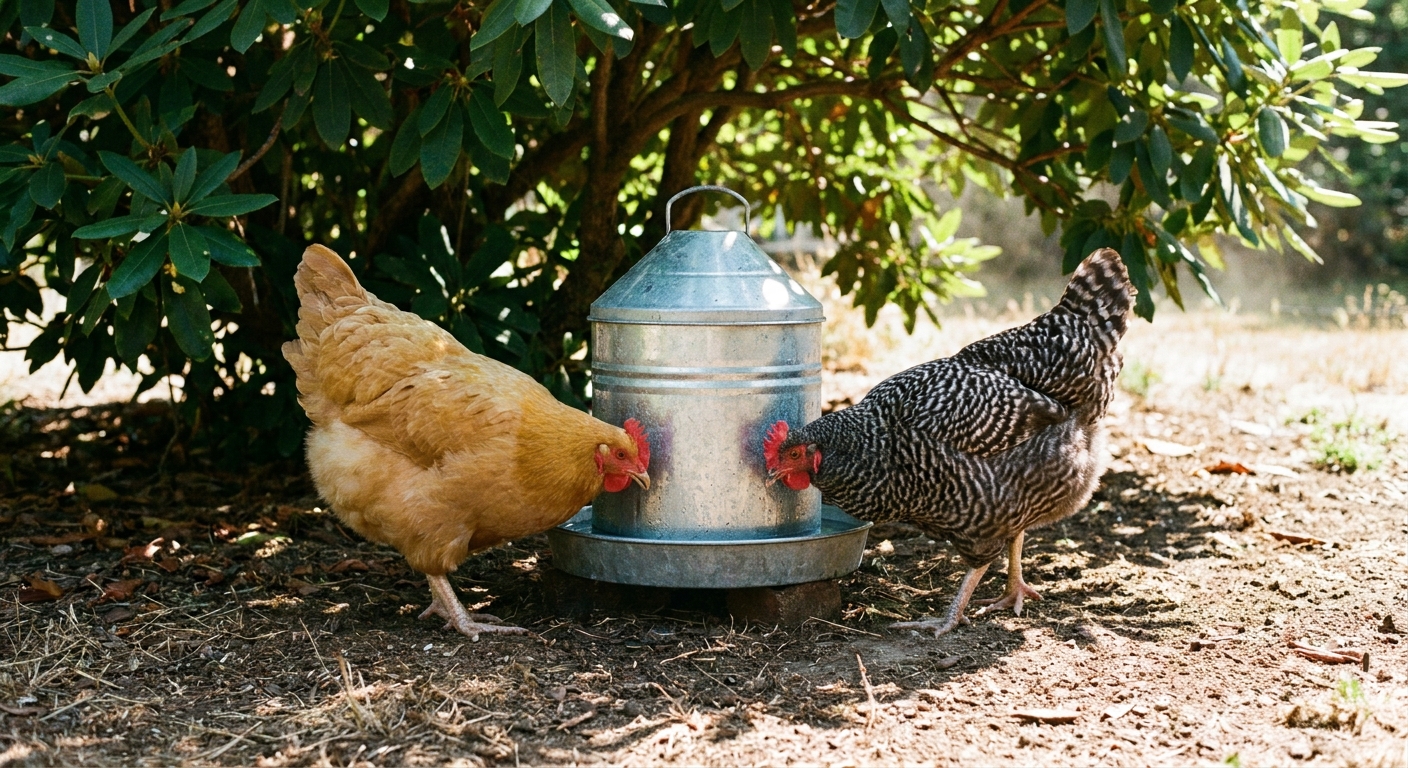 Two backyard chickens drinking from a clean galvanized waterer placed under a leafy shrub in deep shade on a hot summer day