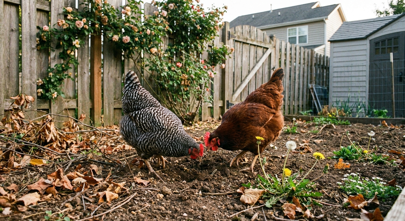 Two hens scratching in loose garden soil near fallen leaves and a few weeds, with a backyard fence behind them.