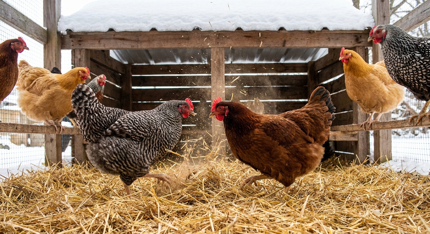 Two hens scratching through deep straw in a covered winter chicken run while other flock members watch, showing active foraging behavior
