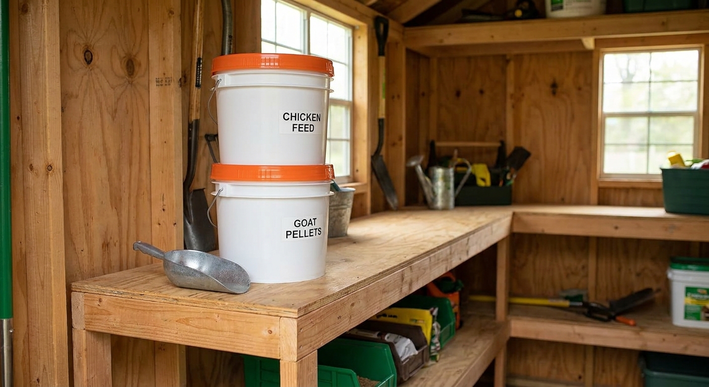 Two sealed feed-grade buckets with gamma lids stored on a shelf in a clean shed, with a metal scoop nearby